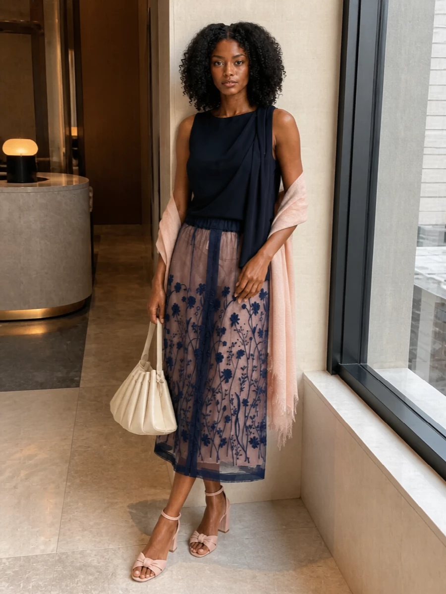 A navy and blush story that feels poetic yet composed, this pairing puts the sheer embroidered skirt against a sculptural navy asymmetric top for modern romance without fuss. Blush block-heel sandals and a creamy pleated bag keep the palette soft and occasion ready, while a whisper-light blush stole echoes the skirt’s nude base for a gentle, sunset-ready finish.