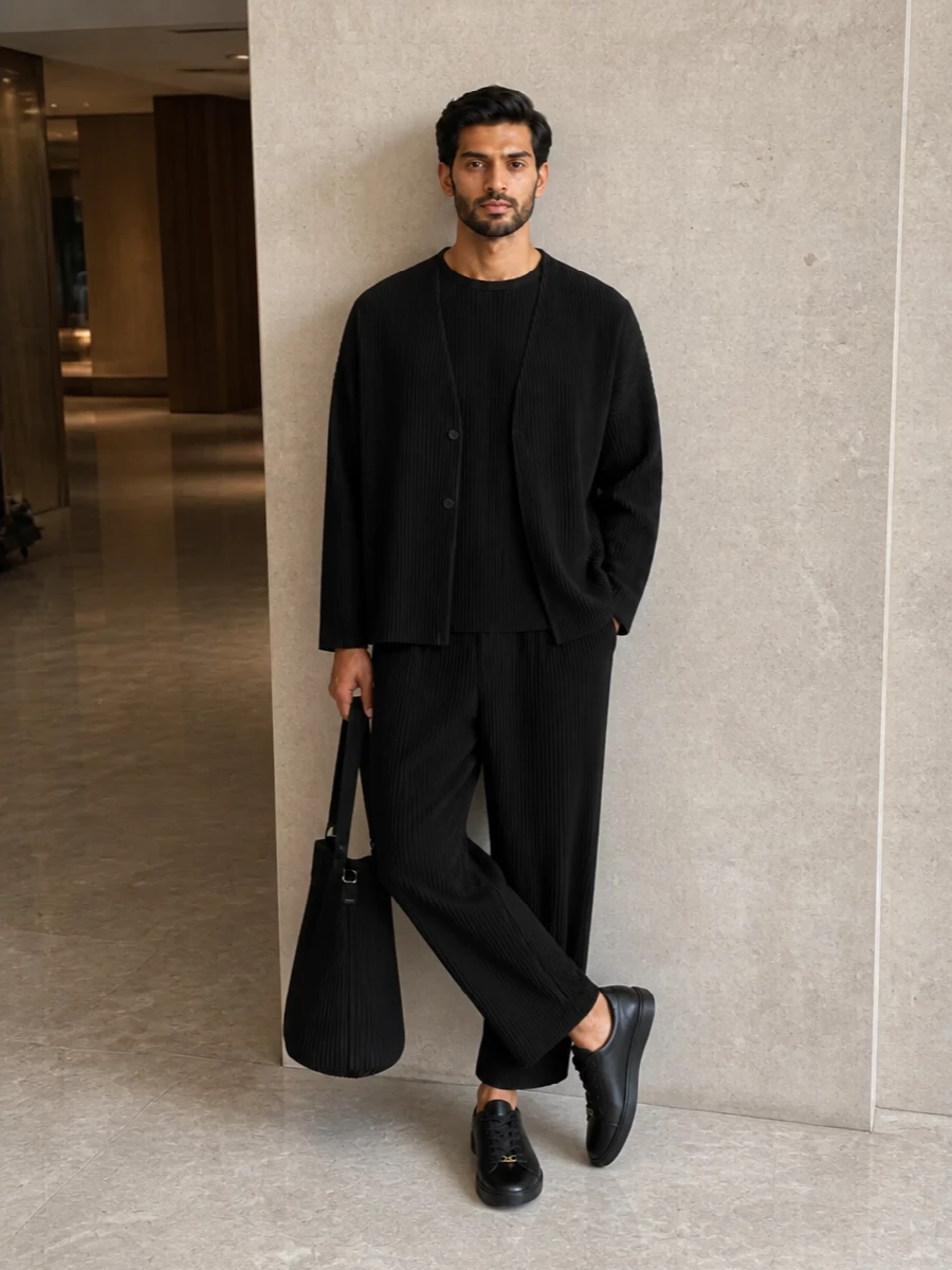 Homme plisse black pleated blazer trouser outfit