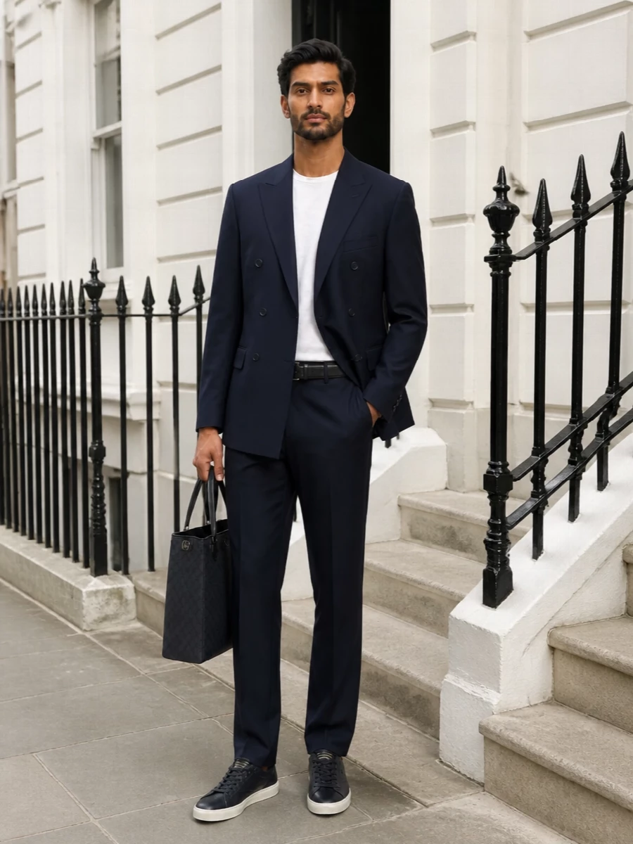 Golden goose navy blazer brioni trouser outfit