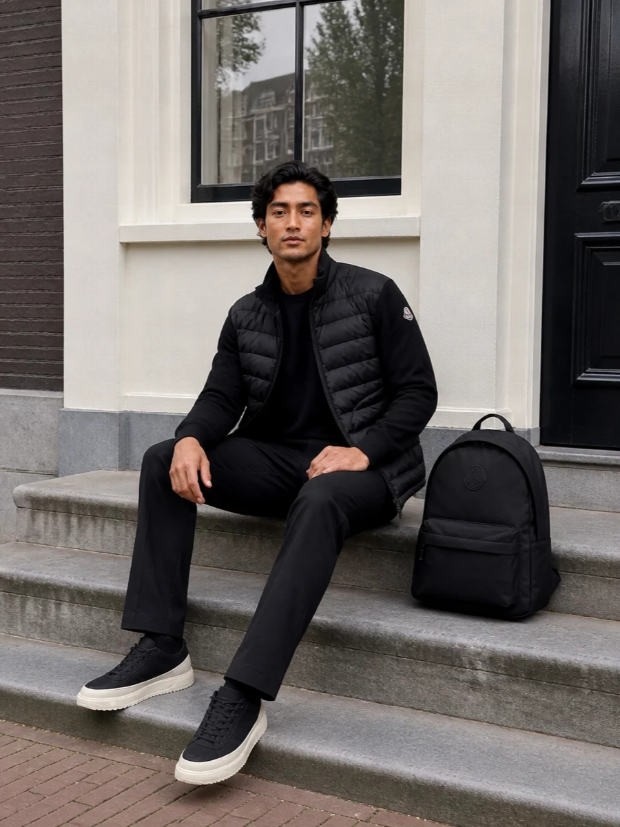 Moncler padded jacket black trousers sneakers