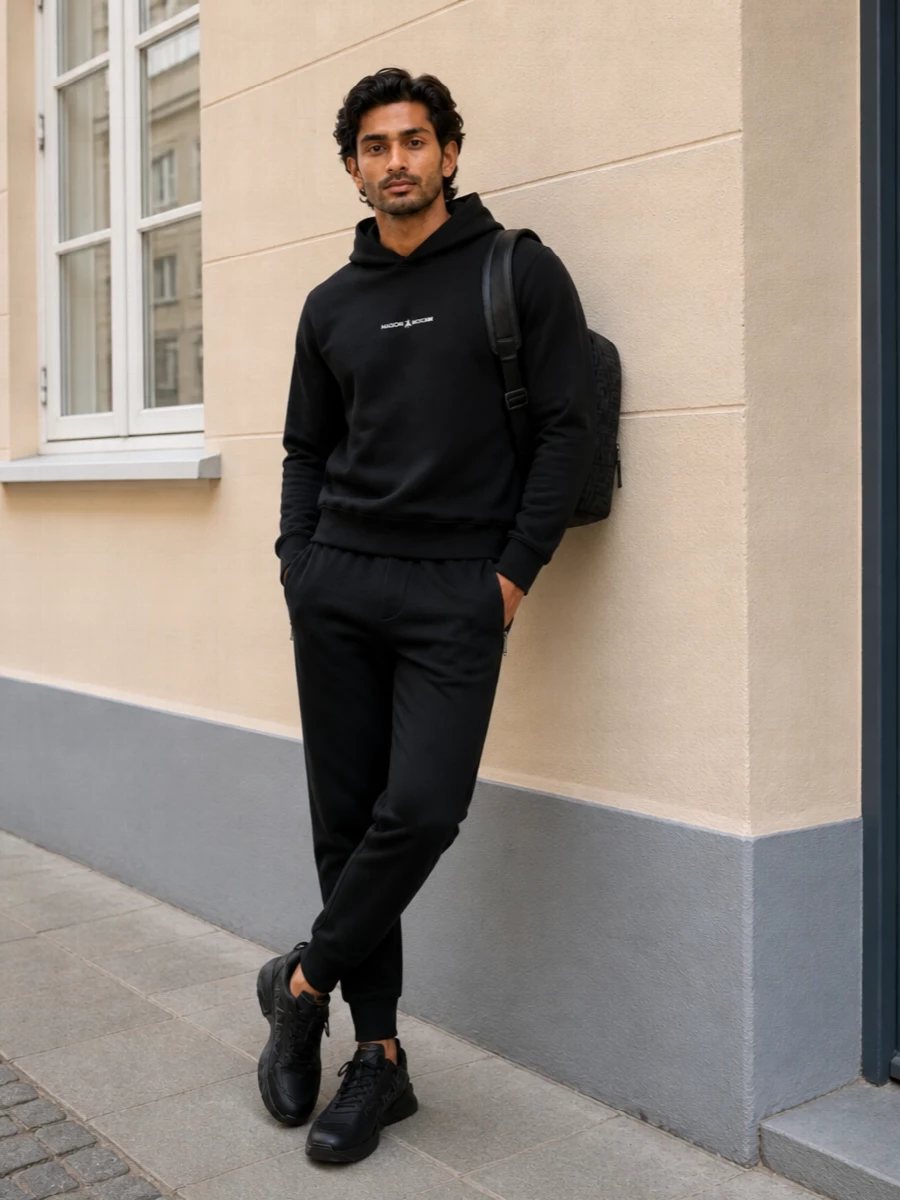 This is a clean monochrome sportswear set that stays firmly in the luxury lane: black Prada joggers with a structured Margiela hoodie up top. Fendi’s sculpted technical sneakers keep the profile agile and urban, while the FF backpack adds just enough logo texture without breaking the stealth palette. The result is a sharp, travel-ready city uniform that reads considered from head to toe.