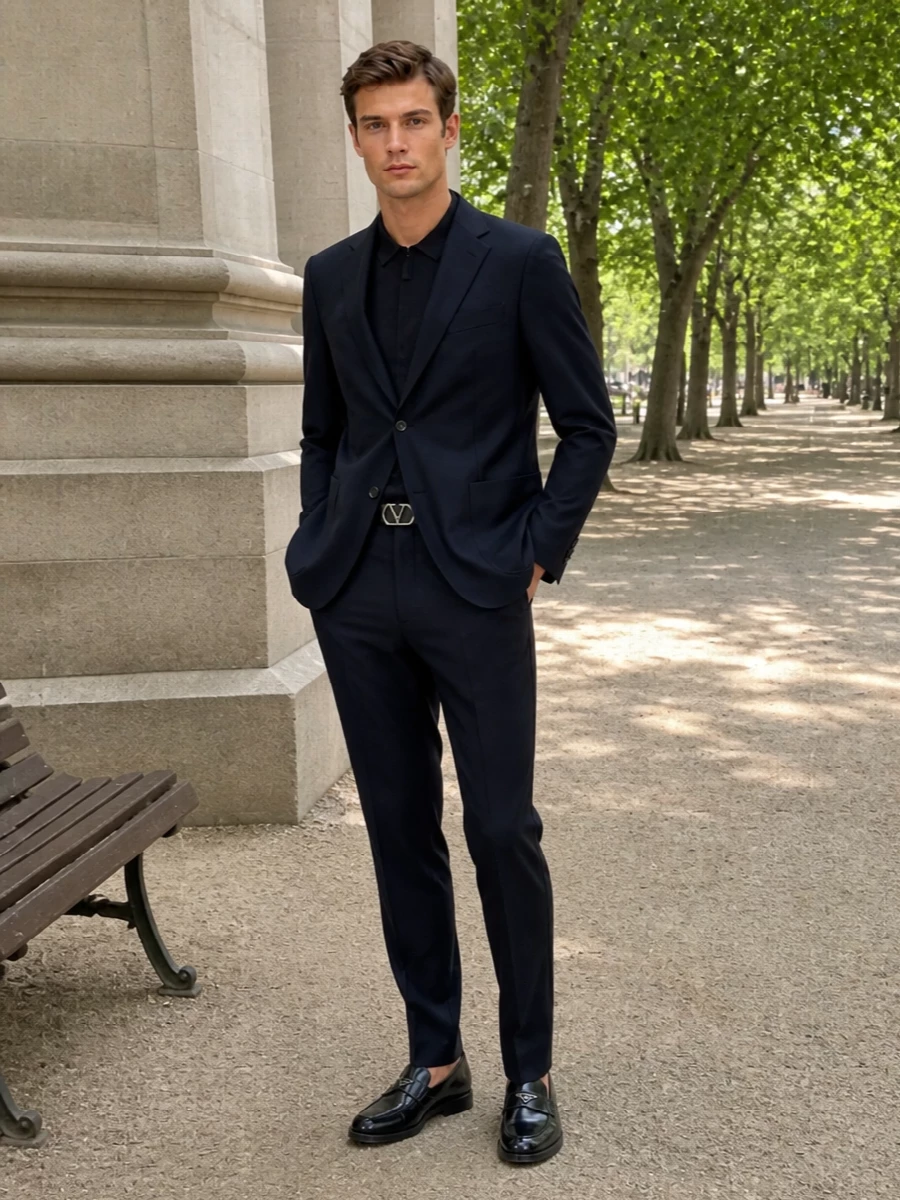 Prada zegna navy suit black leather accessories