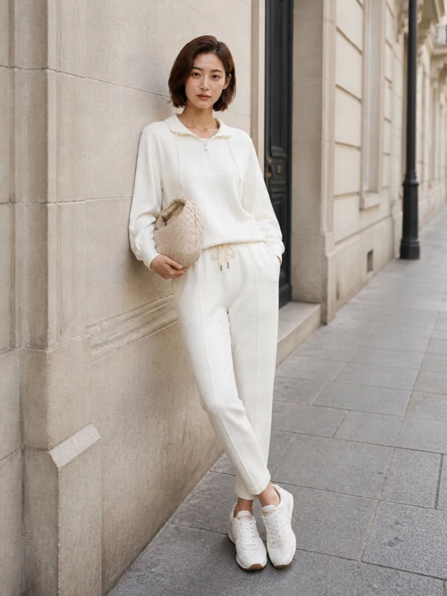 Brunello cucinelli ivory track pants pullover outfit