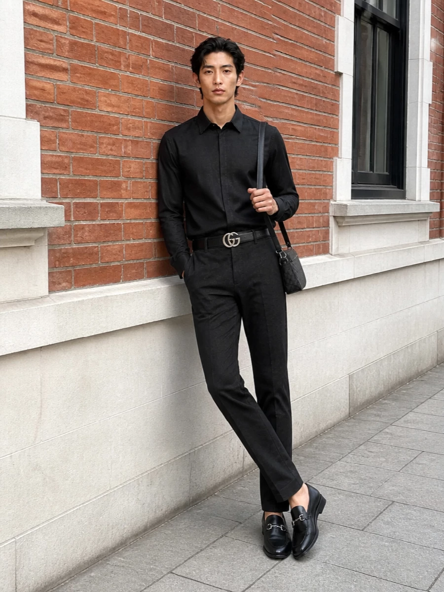 Washed-black tailored denim with a crisp black shirt creates a tight, monochrome line that feels composed without being severe. The horsebit loafers and embossed belt keep the mood decisively refined, while the compact GG bag adds just enough texture to signal luxury without breaking the restraint.