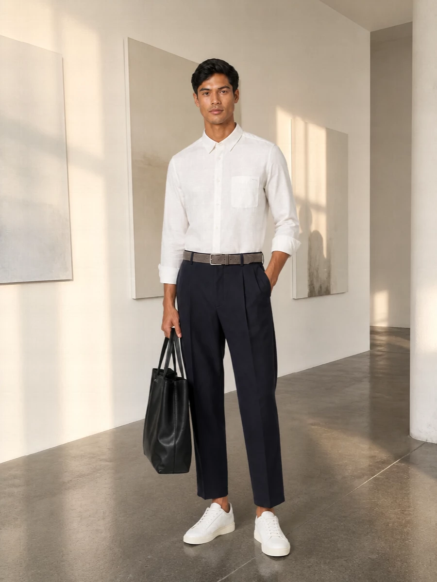 Apc shirt navy cropped trousers sneakers