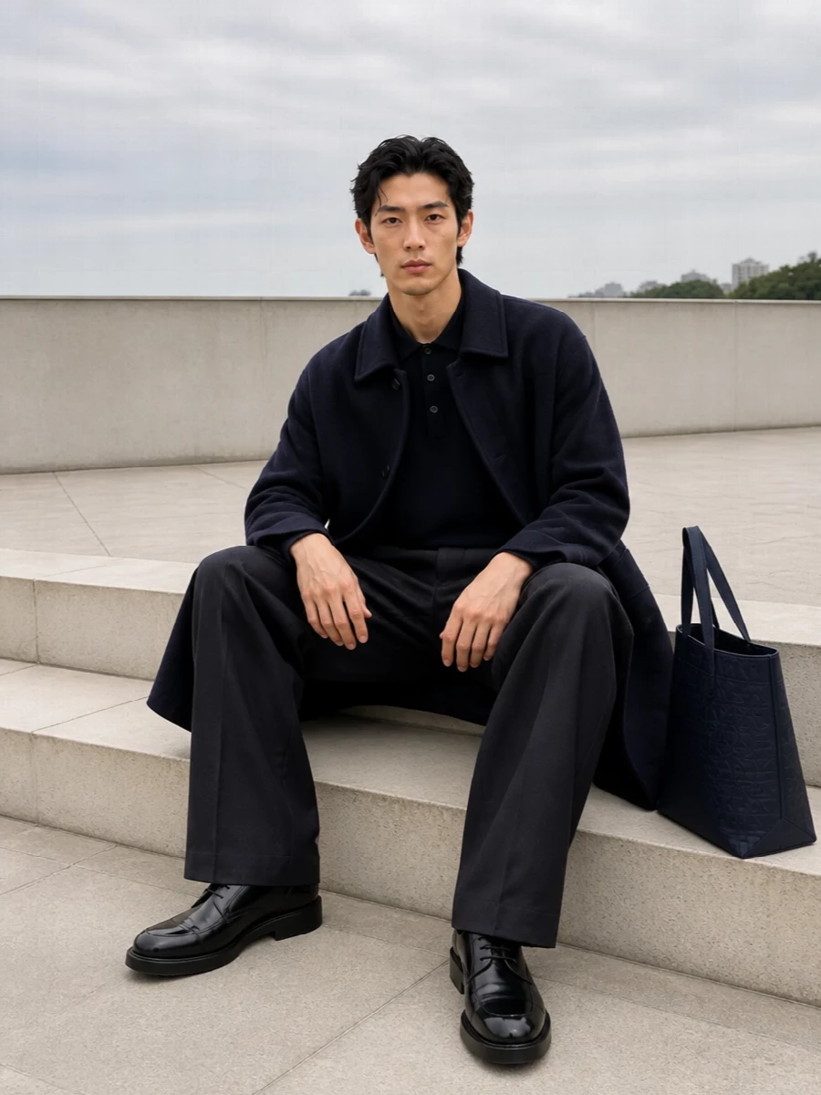 Dries Van Noten’s long navy coat sits over a tonal knit polo and herringbone-textured trouser, all in deep blues and charcoals that read calm and assured. A clean black derby and architectural navy tote sharpen the wide, relaxed lines, giving the outfit a city-ready formality that still feels soft and easy to wear from morning into late evening.