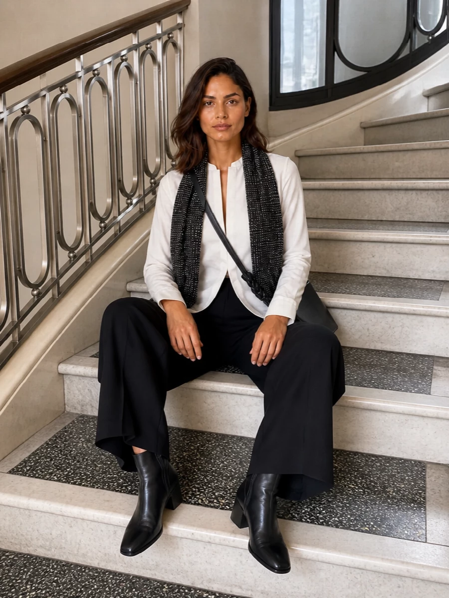 A high-rise cropped wide leg is grounded with a crisp longline shirt, keeping the silhouette sculptural but relaxed. The square-toe ankle boot and compact structured bag finish things in a quietly assertive, city-ready way. Monochrome accessories stay within the same soft, architectural mood rather than distracting from the cut.