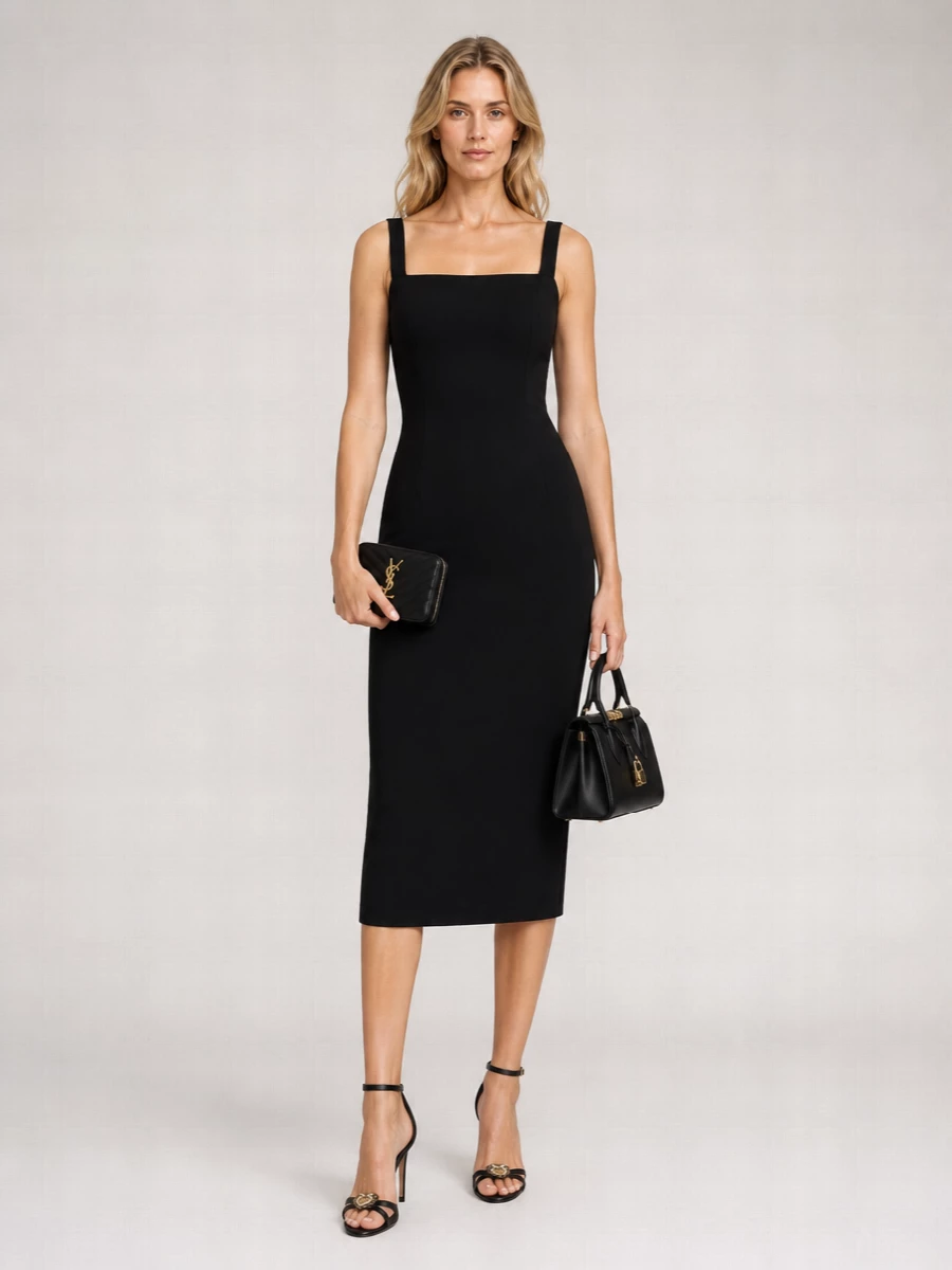 I chose the dress route to keep the silhouette clean and let the Saint Laurent wallet sit comfortably in a high-polish, cocktail context without competing tailoring. The black midi, black stiletto sandal and compact black top-handle bag create a seamless black-and-gold story that feels quietly expensive and sharply urban. It is a composed evening ensemble where every element speaks the same tailored, minimal language as the wallet.