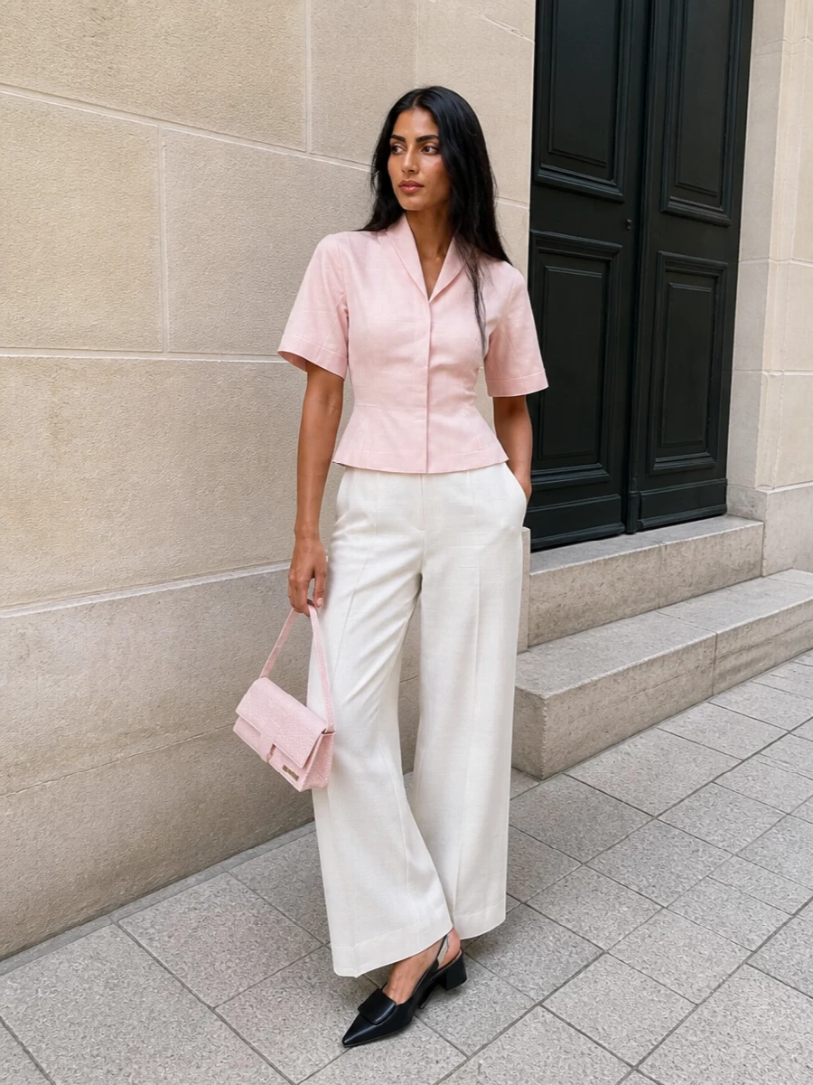 Jacquemus blouse wide leg trousers outfit