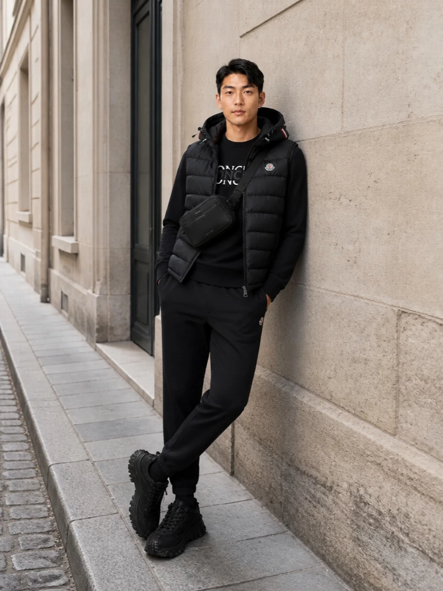 Moncler black gilet track pants street outfit