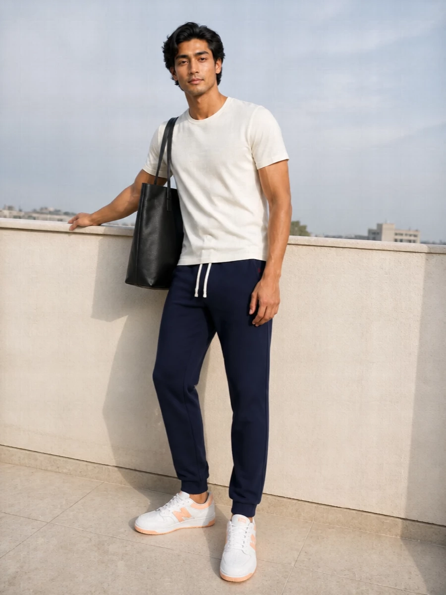 New balance tee polo joggers apc tote outfit