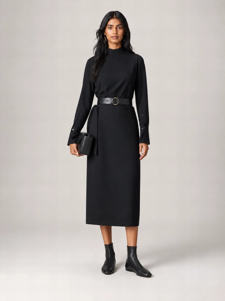 The Row High Neck Long Sleeve Dress With Waist Tie