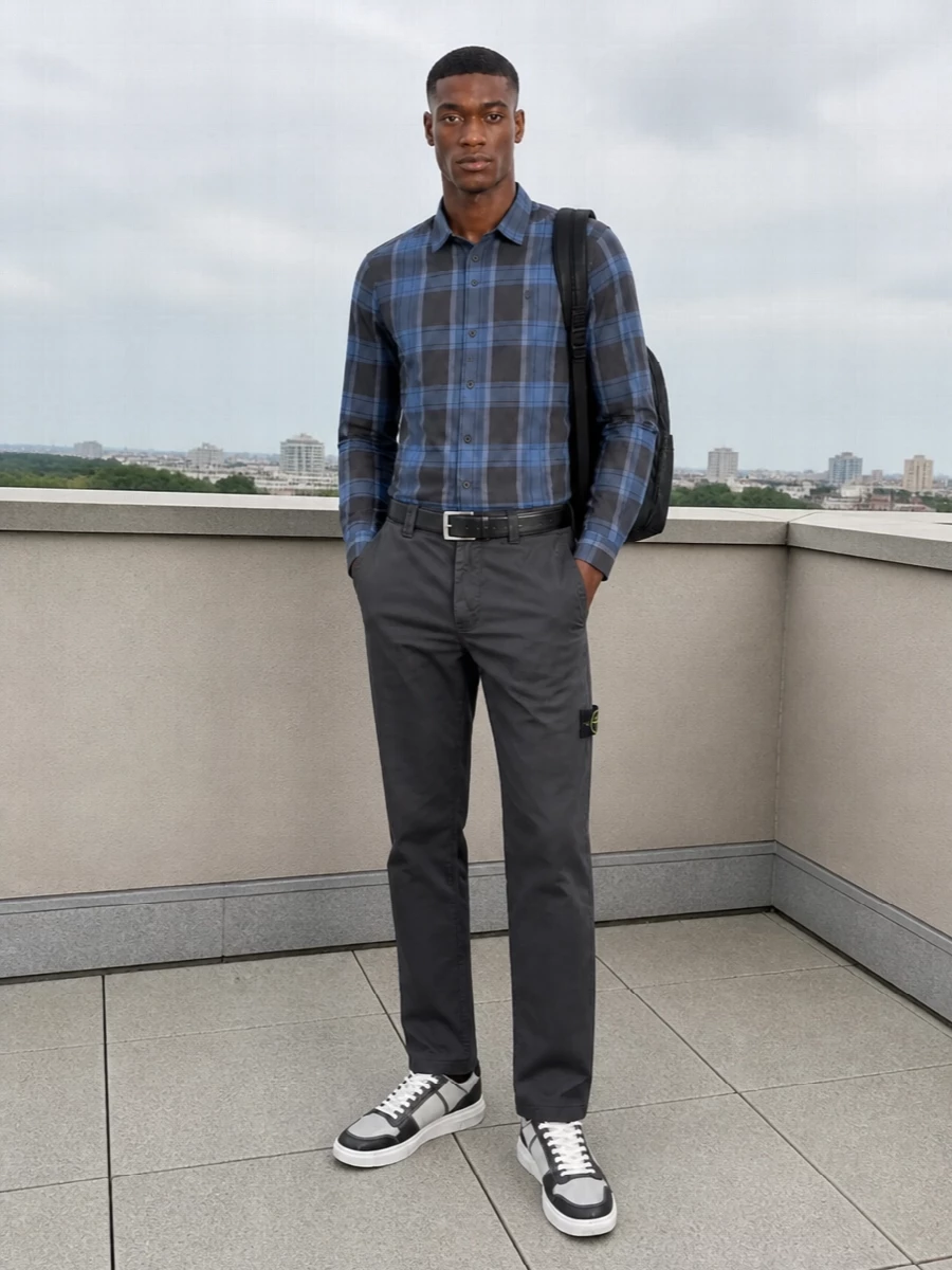 Timberland plaid shirt stone island chinos outfit