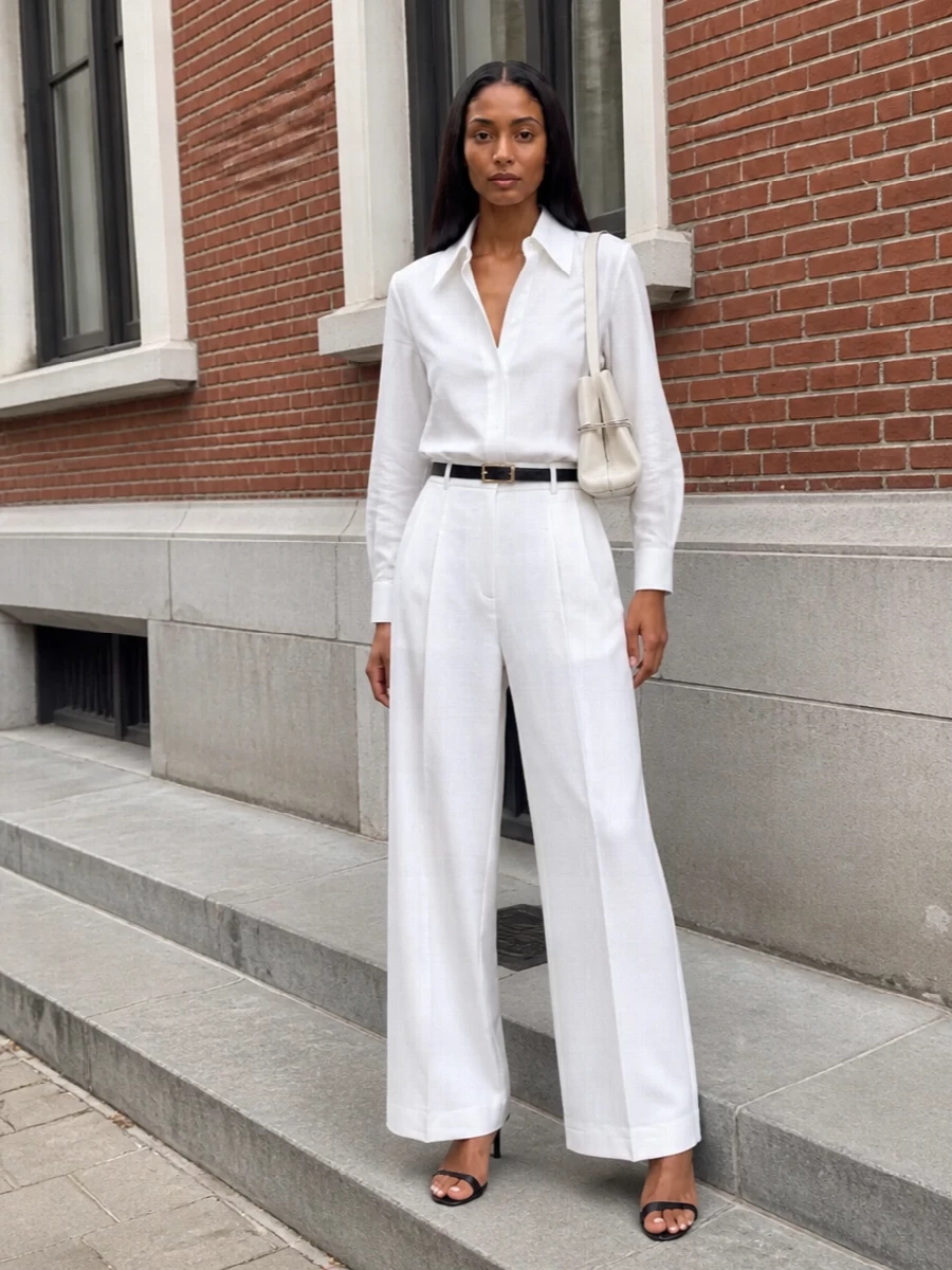 Givenchy white wide leg trousers v neck shirt outfit