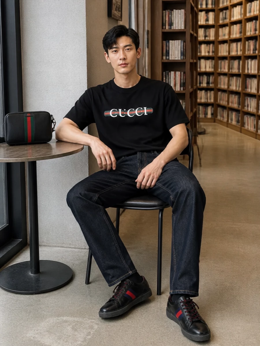 Gucci black logo tee dark denim sneakers