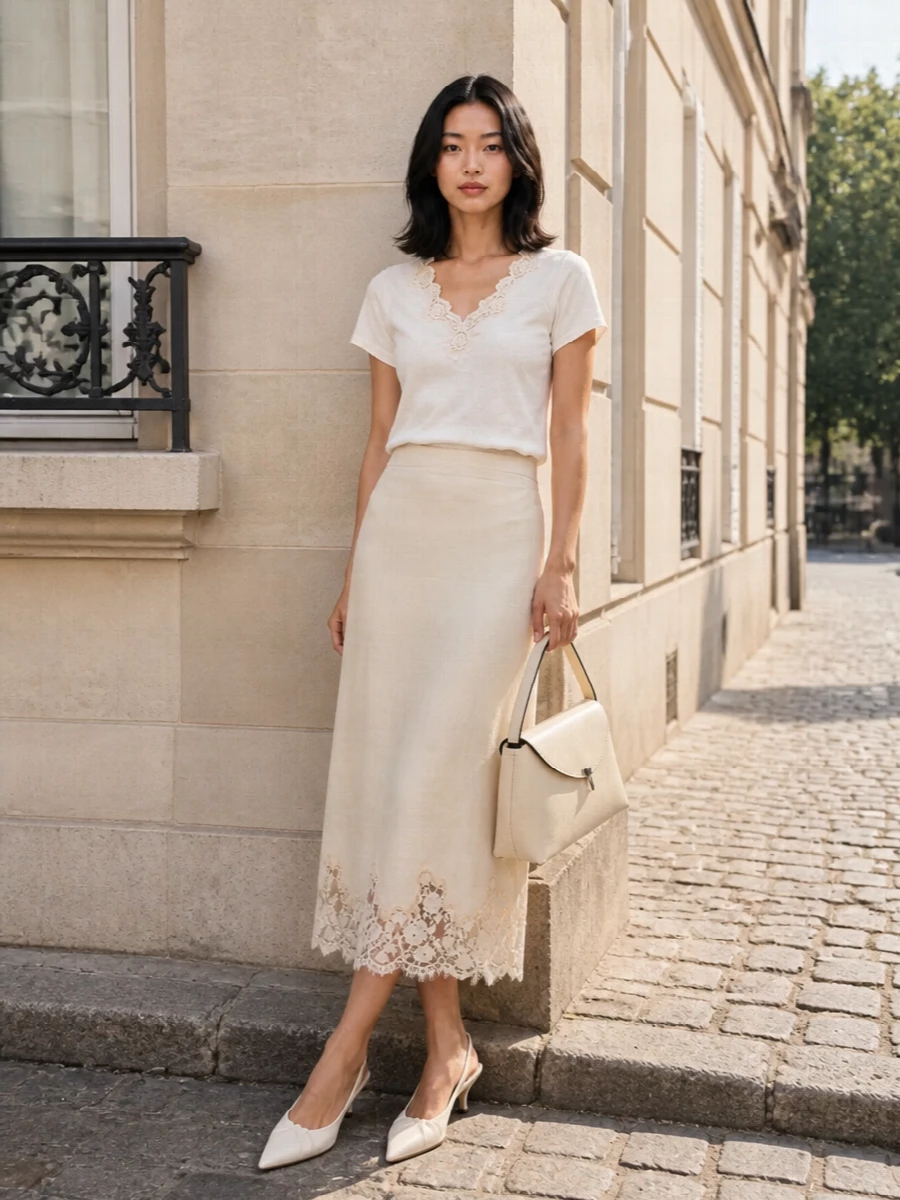 Soft ivory lace meets cream and blush tones for a tonal, romantic outfit that still feels modern and unfussy. The fluid midi and kitten heels create an elongated, feminine line, while the sculptural shoulder bag and graphic scarf keep the mood quietly polished rather than sweet.