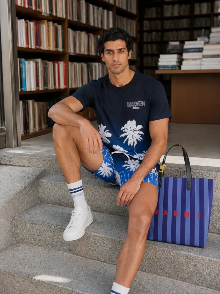 Moschino palm swim shorts blue graphic tee outfit