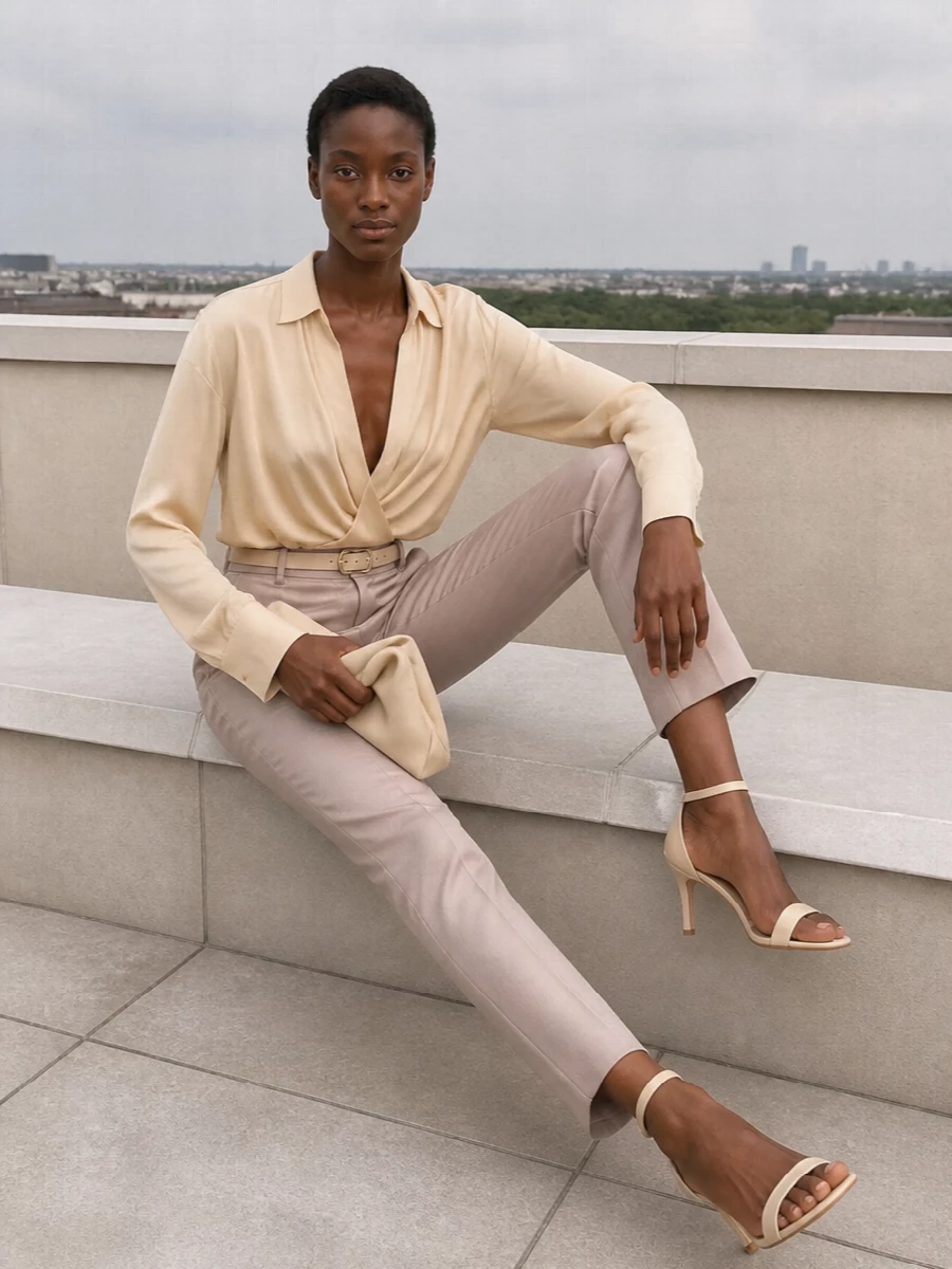 Andamane satin trousers cream sandals outfit