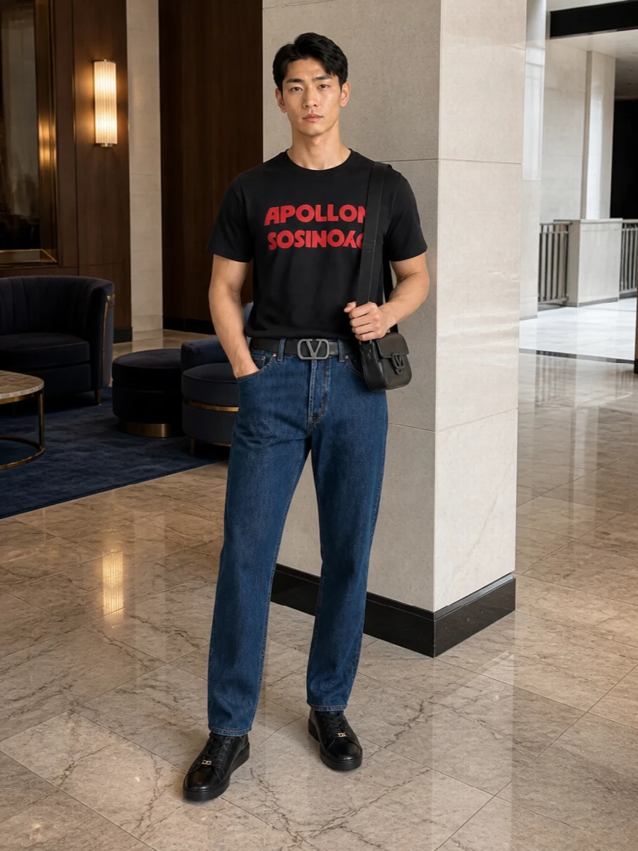 A black and red Valentino tee sits against clean dark indigo denim for a graphic but controlled streetwear statement. All-black leather sneakers and a matching shoulder bag keep the line sleek and focused, while a discreet VLogo belt adds just enough structure to read quietly luxurious rather than casual. It is an easy uniform for city days when you want impact from print, not from overstyling.