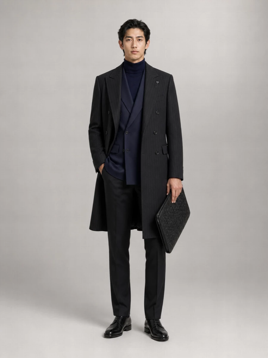 Lardini Virgin Wool Pinstripe Double Breasted Coat