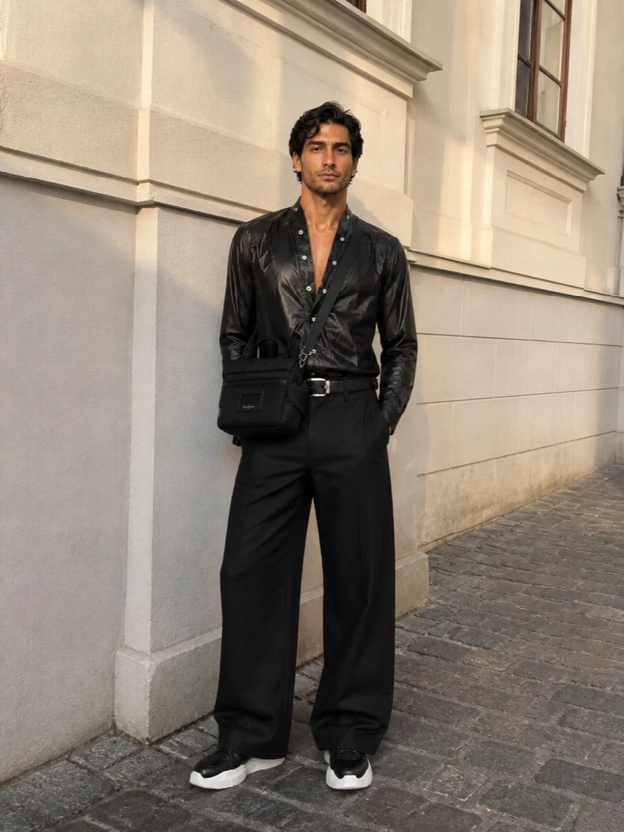 Rick owens black shirt wide leg jeans outfit