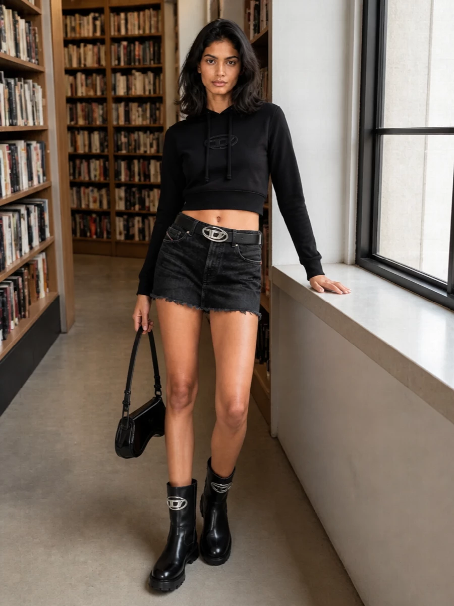 Diesel black mini skirt cropped hoodie boots