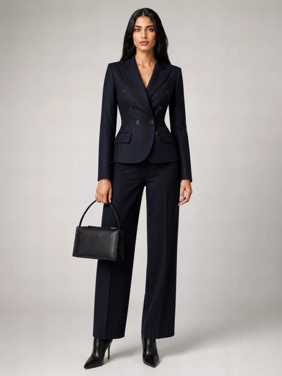 Midnight navy tailoring is the story here, with the nipped Vivienne Westwood jacket and ink wide-leg trouser cutting a long, lean line. A sharp black stiletto ankle boot and structured navy top-handle keep it boardroom ready, while the wide leg and pointed heel quietly nod to Y2K suiting energy after dark.