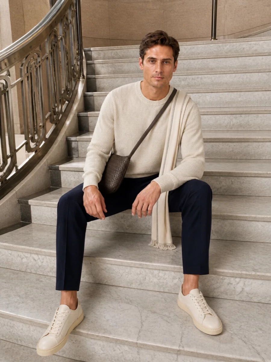 Brunello cucinelli navy trouser stone knit outfit