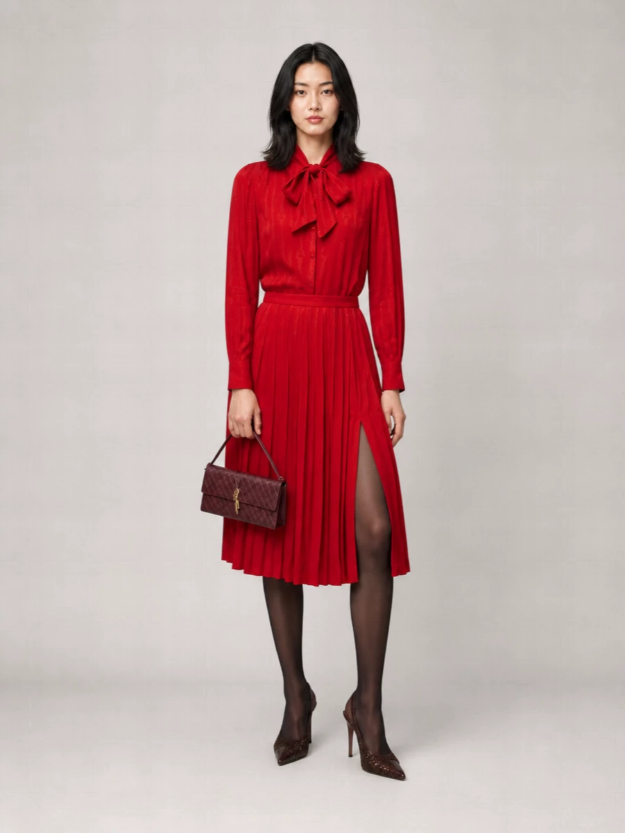 This pairing leans into rich, romantic color with the red Gucci midi playing directly off the wine Bottega bag. The bow neckline and pleated skirt bring just enough drama for dinners or events, while the sharp waist and clean lines keep it polished. Dark chocolate slingbacks ground the palette and elongate the leg without competing with the statement red.