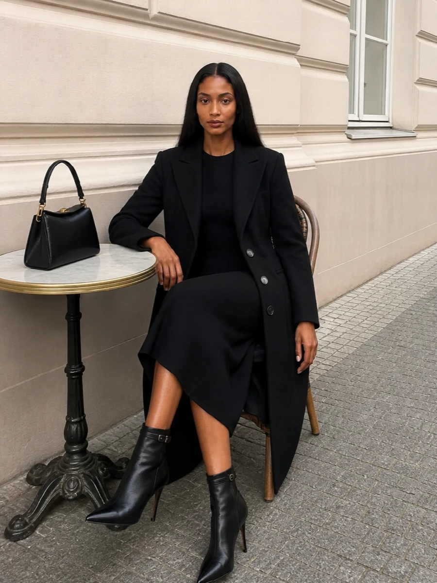Andamane black coat dress midi outfit