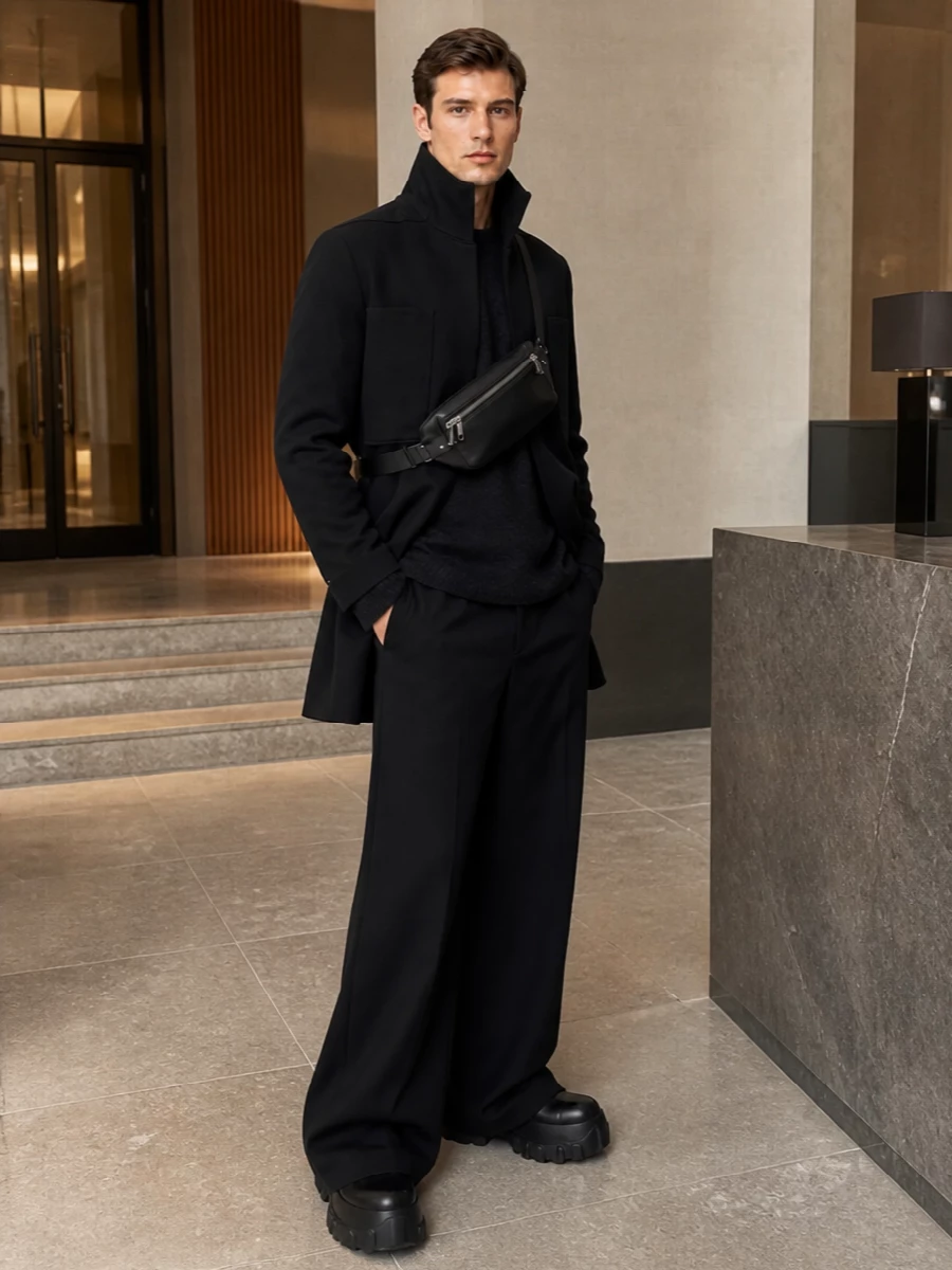 Rick owens black coat wide leg trousers outfit
