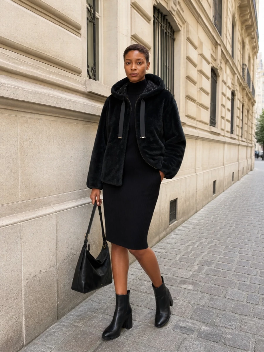 Herno jacket black knit dress ankle boots