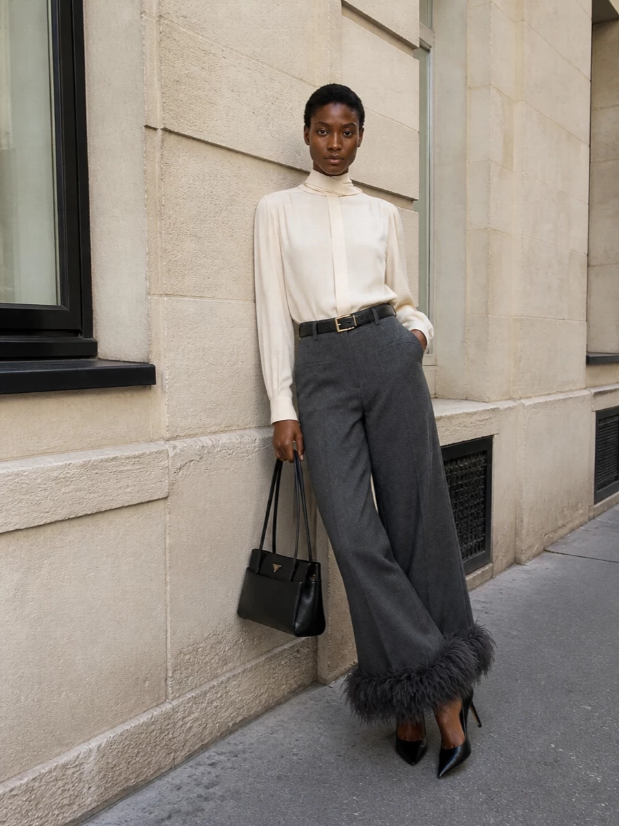 Feather trim evening trousers high neck blouse