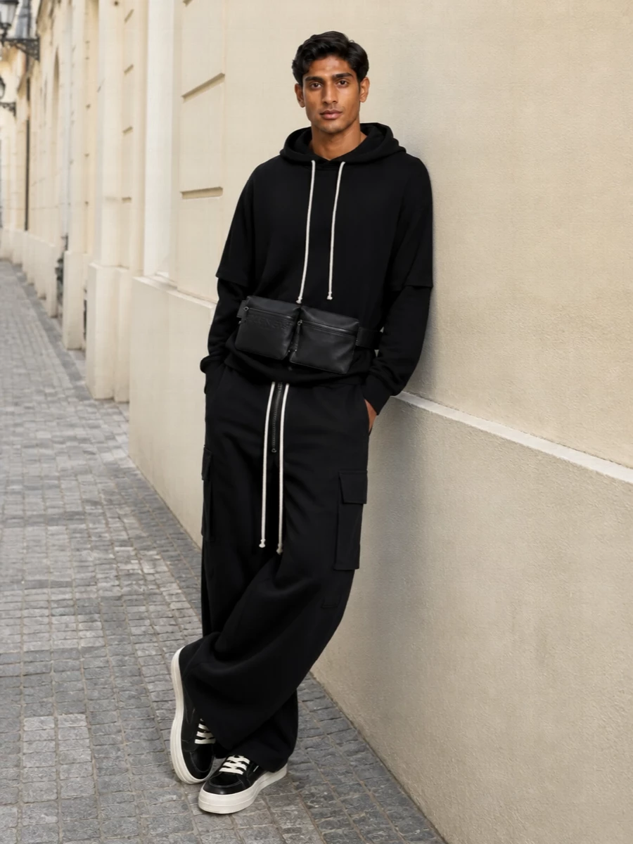 A dark, elongated Rick uniform built around clean volume and that signature contrast drawcord. The longline hoodie drops over high rise wide cargos, with the low top sneakers peeking out from pooled hems for a grounded, graphic finish. The belt bag cuts across the layers just enough, adding utility without disturbing the stark black and bone palette.