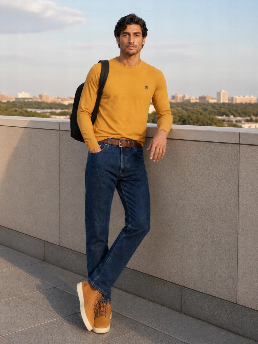 Timberland mustard tee apc jeans outfit