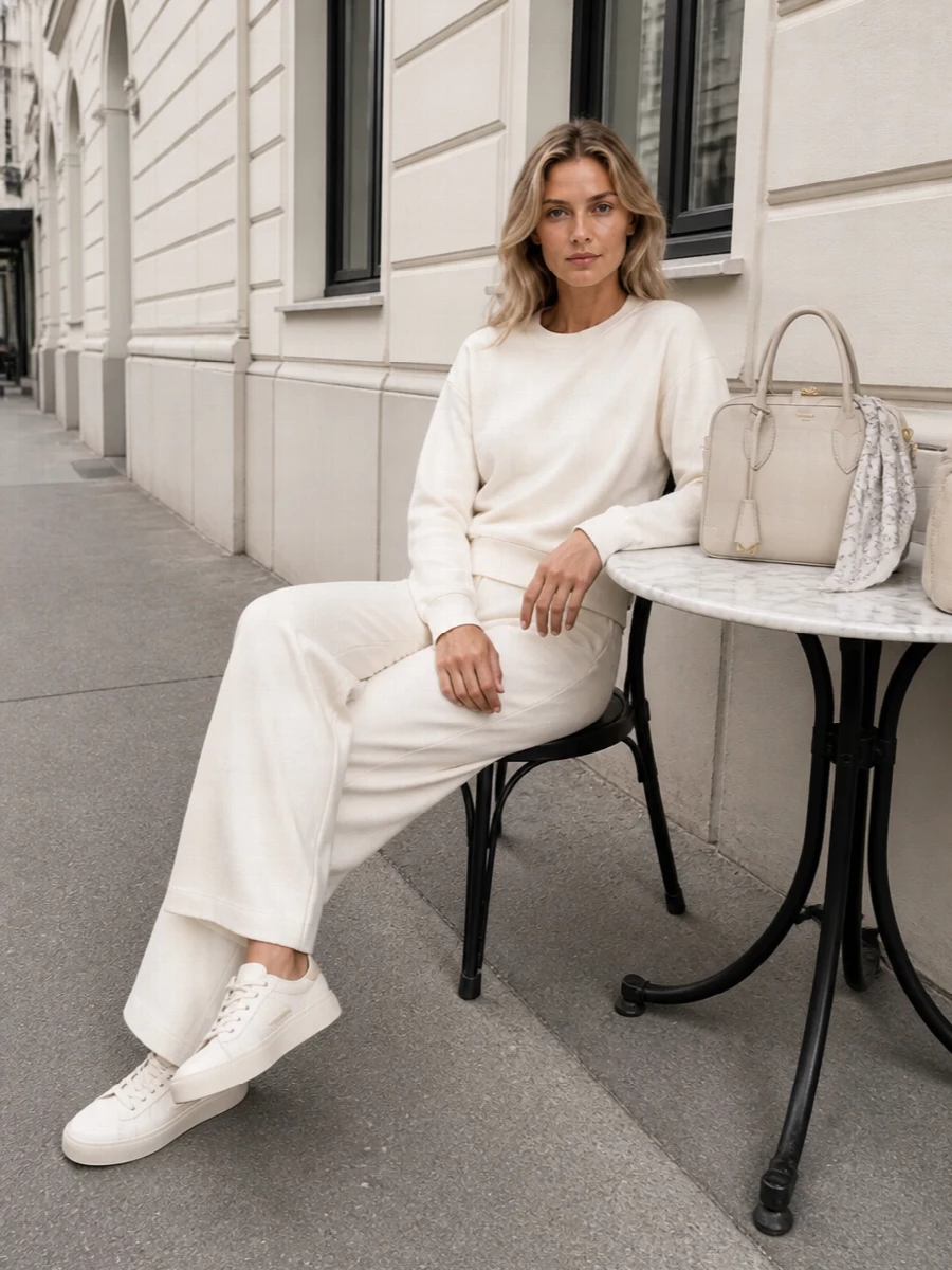 Soft ivory layers stack into a calm, monochrome column, with the sweatshirt skimming over sweeping off-white trousers for a relaxed yet composed silhouette. Clean white sneakers keep the energy street-led rather than tailored, while the structured ivory bag and delicate scarf add just enough structure and detail to feel considered without noise. It is an easy, neutral uniform for city days that still reads quietly refined.