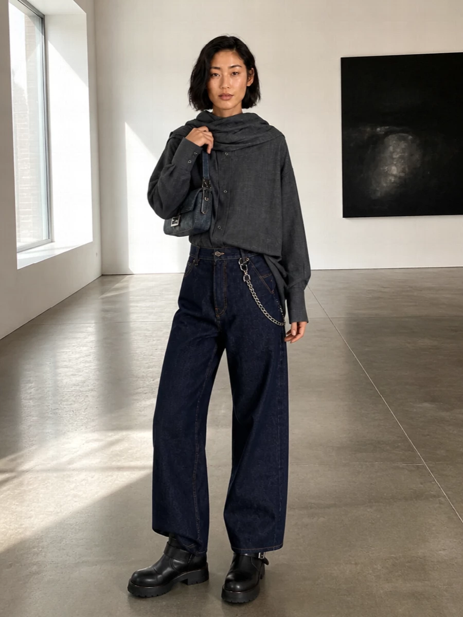 Darkpark wide leg jeans moto boots fendi bag