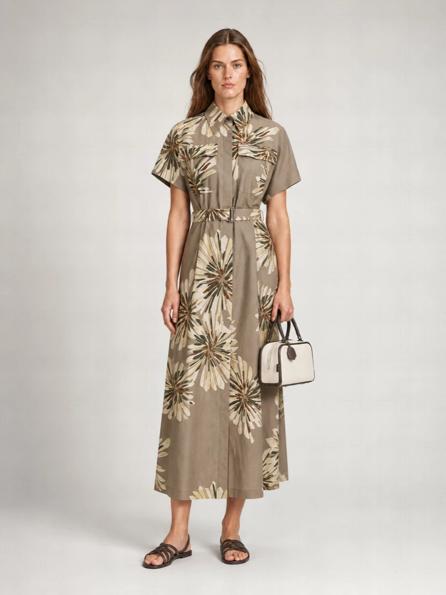 Brunello Cucinelli Silk Floral-Print Belted Shirt