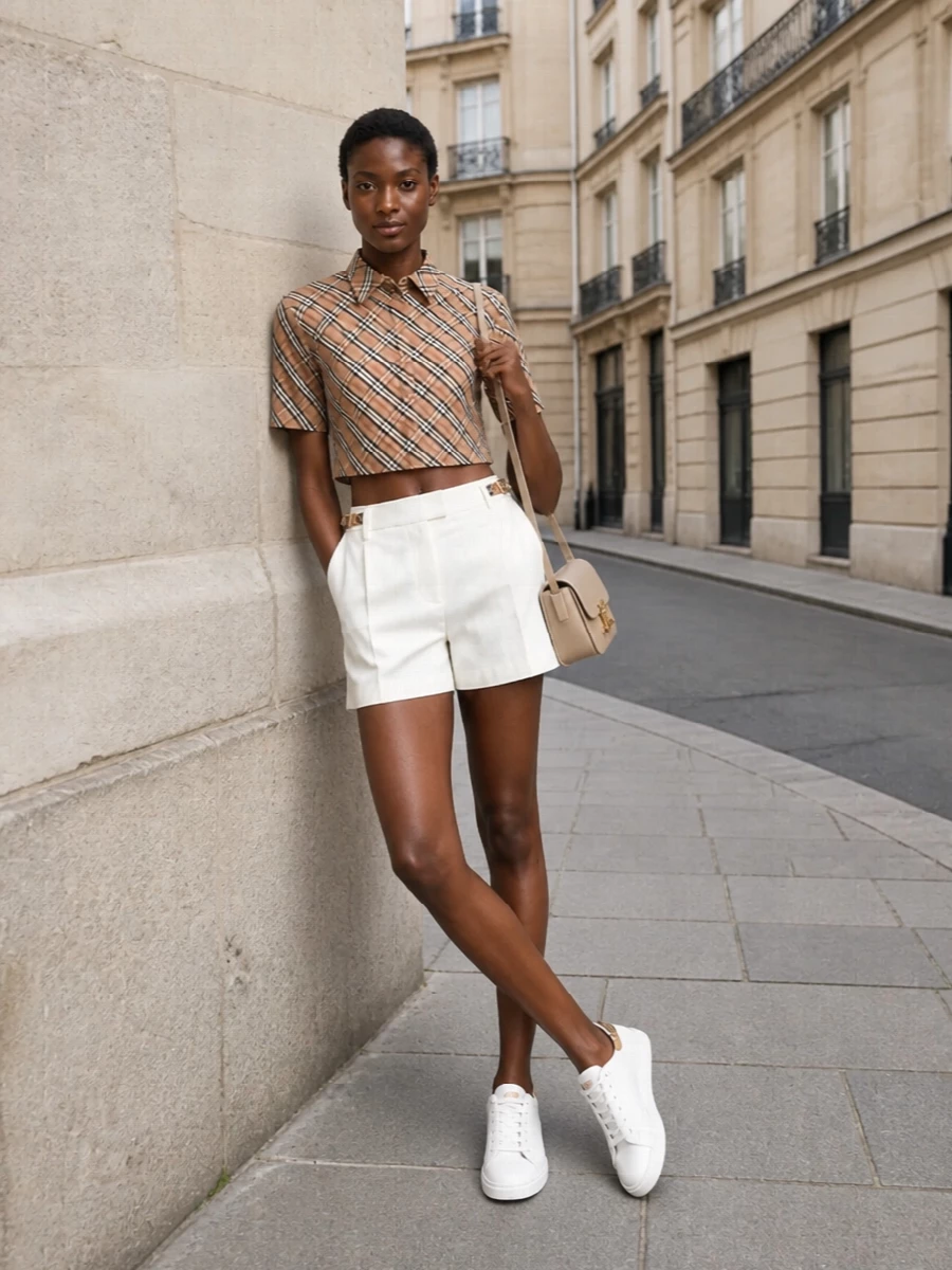 This look leans into polished summer tailoring: the cropped diagonal-check shirt is cooled off with clean ivory tailored shorts for a fresh, leggy proportion that still feels refined. White leather sneakers and a small beige Celine shoulder bag keep the palette light and neutral, letting the Burberry check stay the hero while the overall attitude reads effortless, city-ready quiet luxury.