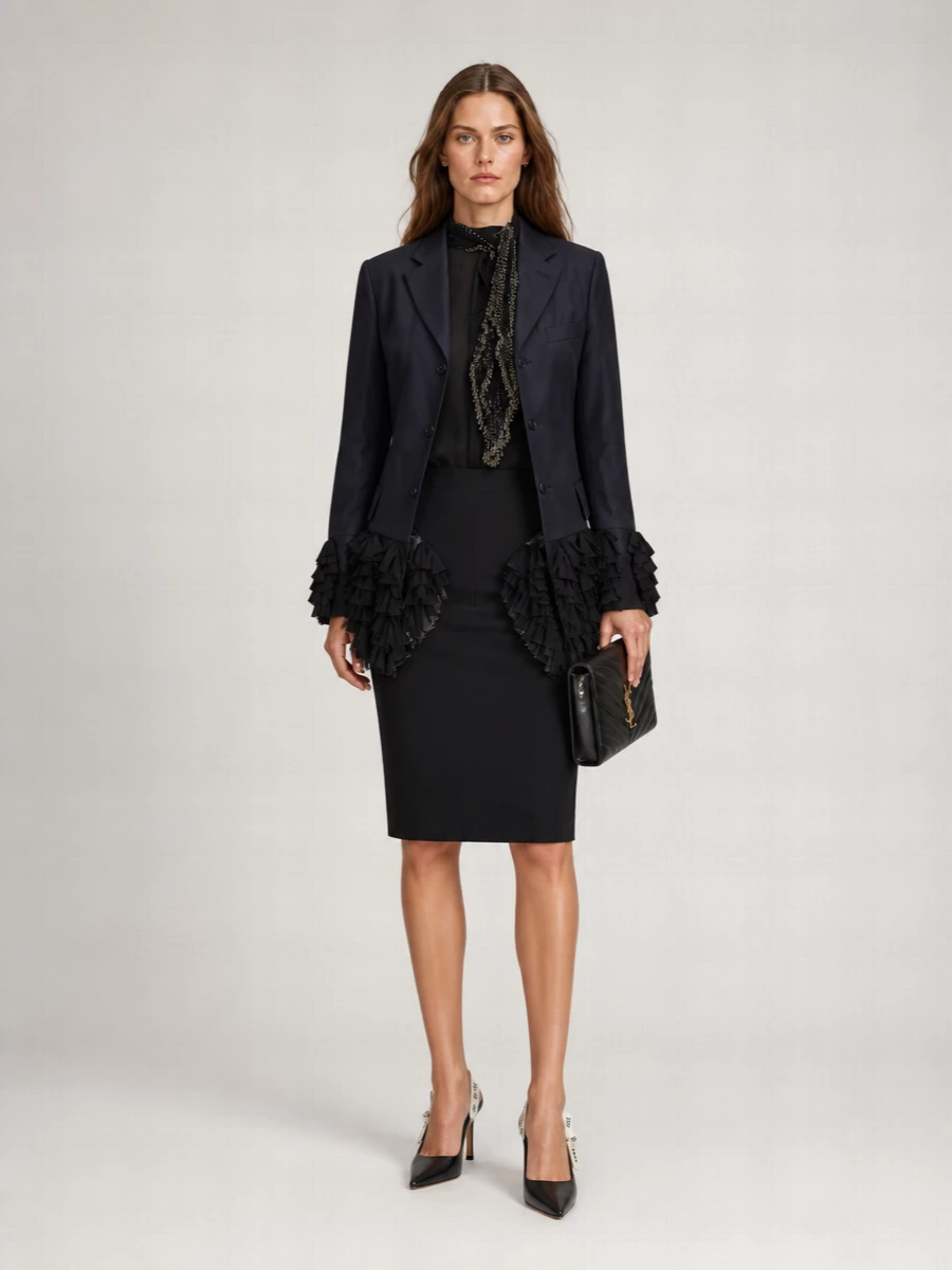 This is an evening tailoring story built around the Comme des Garçons ruffled blazer, so I kept the anchor as top and skirt rather than competing with a full dress. The sheer scarf-neck blouse and Valentino ruffled pencil skirt echo the jacket’s romance, while Dior pumps and a Saint Laurent flap bag sharpen the line and keep the drama disciplined and gallery-ready. It feels like couture suiting for night: subversive, sculpted and quietly opulent in deep navy and black.