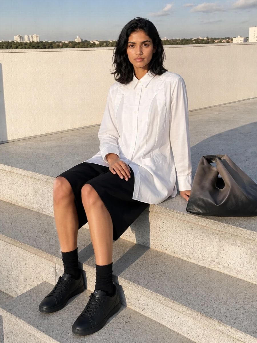 Comme des garcons long shirt black wide shorts