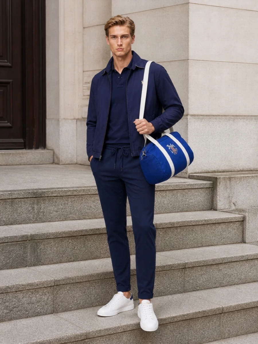 Polo ralph lauren navy jacket sneakers outfit