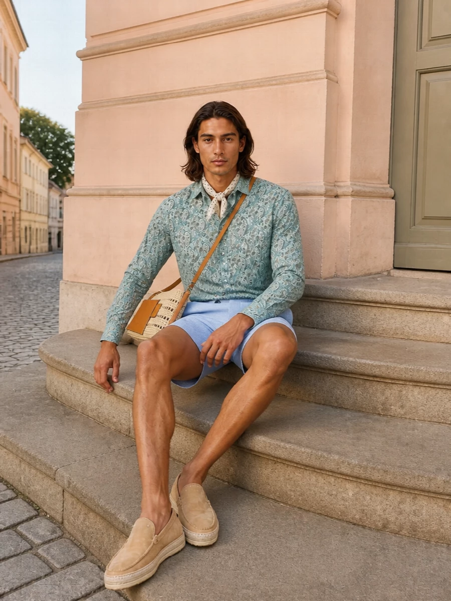Etro paisley shirt tailored blue shorts outfit