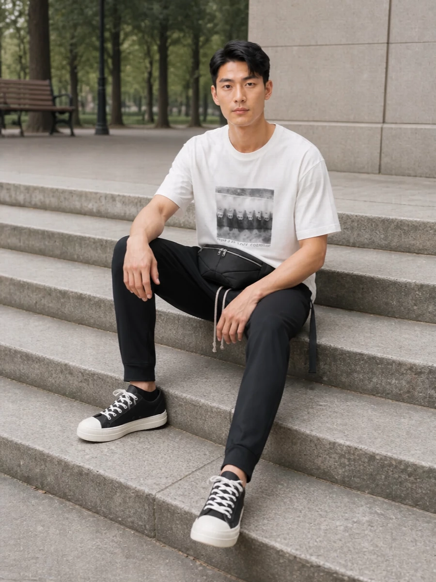 Rick owens graphic tee black drop crotch pants