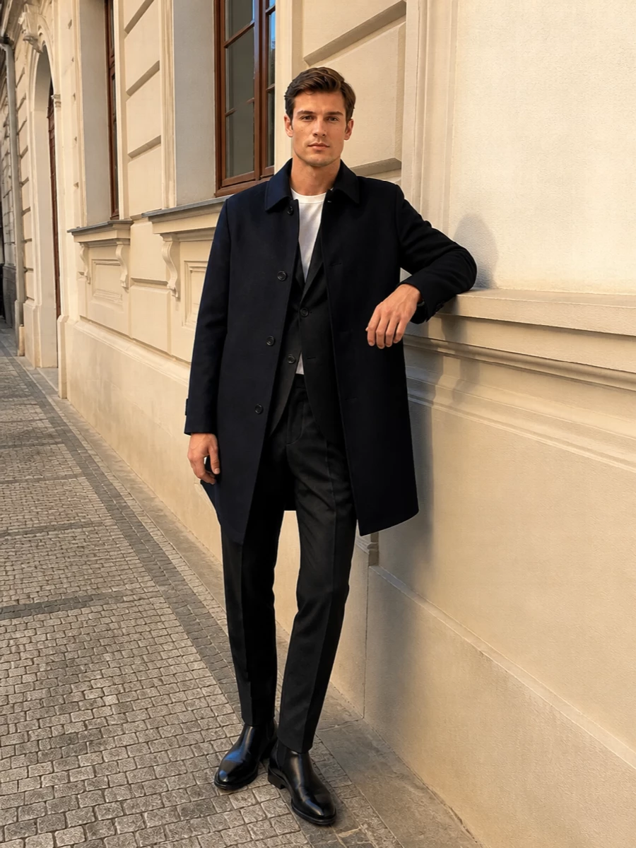 Lardini navy coat charcoal trousers chelsea boots