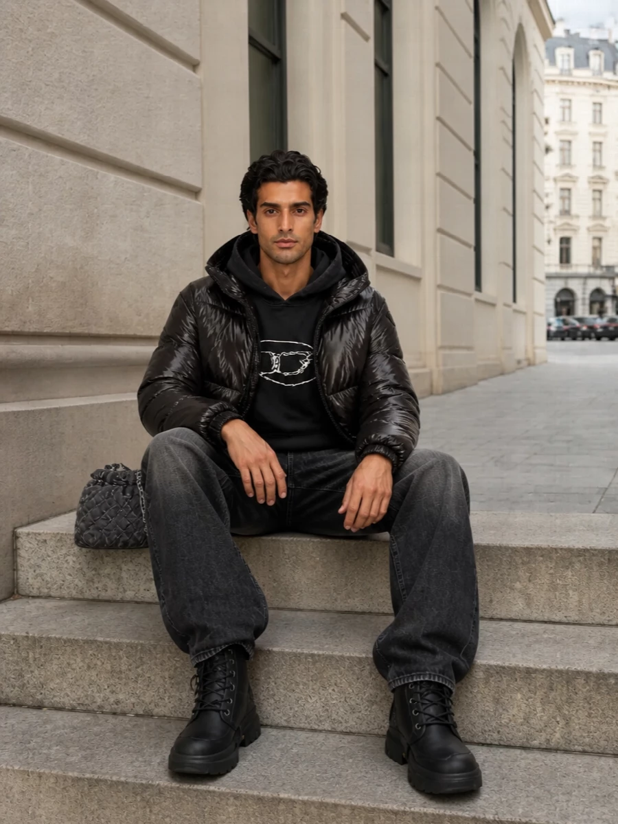 High-shine Diesel outerwear sits over washed‑black logo fleece and wide, faded denim for a dark, downtown winter uniform. Chunky black Ugg boots and a quilted Diesel pouch double down on padded textures, keeping the palette tight and the attitude clearly night‑city ready. The proportions stay relaxed but controlled, so the volume reads intentional rather than sloppy.