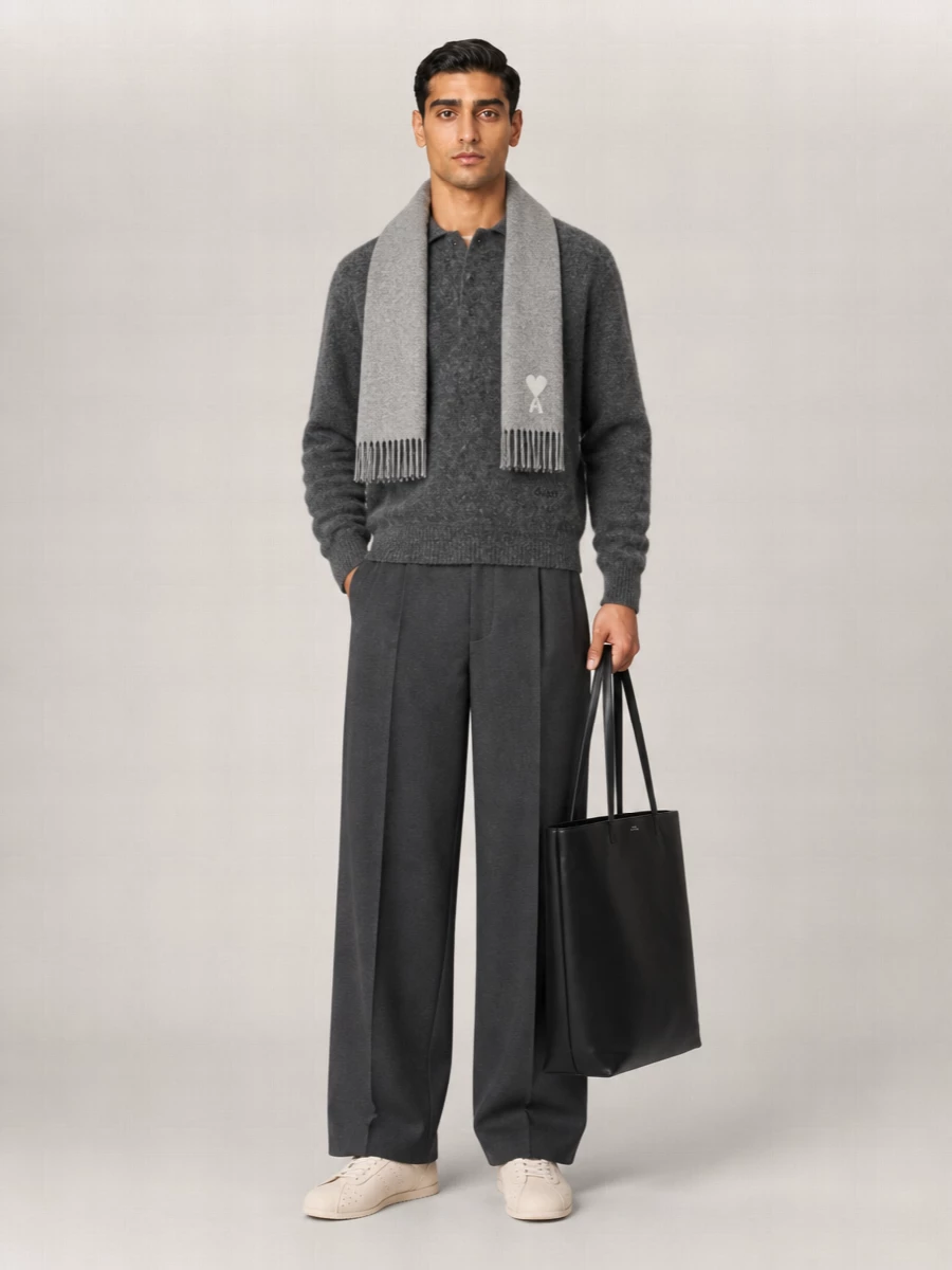 Ami Paris Alpaca Wool Knit Long-Sleeve Polo Sweater