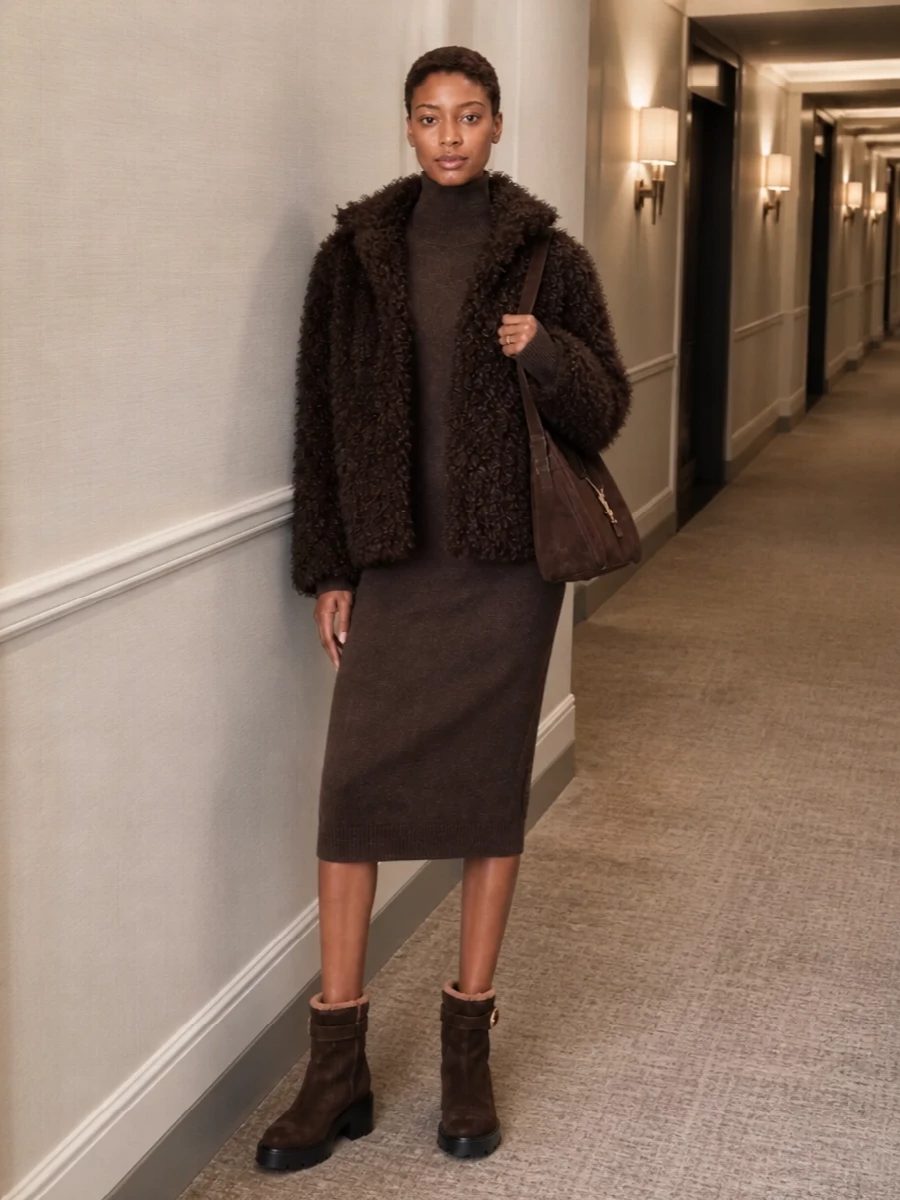 Yves salomon shearling brown knit dress outfit