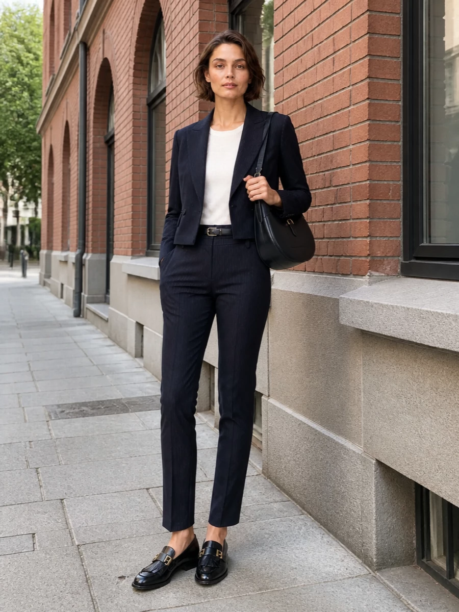 Max mara navy cropped blazer outfit loafers