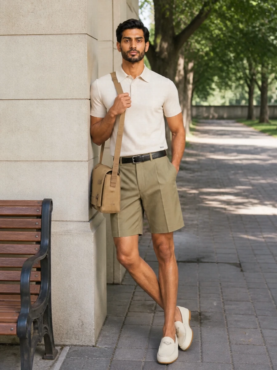 A study in warm neutrals, this outfit pairs tailored khaki shorts with an ivory knit polo for a refined summer uniform that reads as quietly confident. Cream leather loafers keep the line sleek yet relaxed, while the sand-toned messenger and a precise black belt add just enough structure for city days or polished travel. The result is minimal, composed and easy to wear from late brunch to evening drinks without feeling overdone.